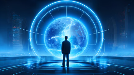 A man Standing in front of a futuristic technology Earth, blue color theme - Generative AI
