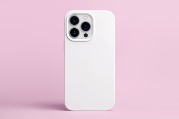 iPhone 14 pro max starlight in white case back view, phone cover mockup isolated on pink background - obrazy, fototapety, plakaty