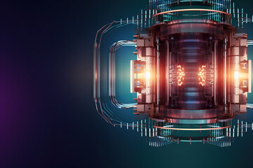 Quantum computer close up, futuristic technology, generative AI. Futuristic pink and green neon background.