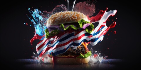 Obraz na płótnie Canvas Concept art of a hamburger with the American flag, fireworks, splashes, bang and bright colors dedicated to the holiday of the USA Independence Day - July 4th.Generative AI