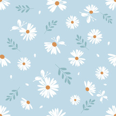 Seamless pattern with daisies, branches and butterfly cartoon on blue background vector illustration.