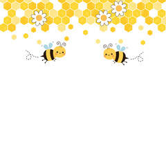 Beehive honey sign with bees cartoons  on white background vector.