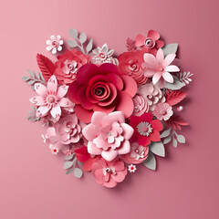 A heart made of paper flowers on a pink background. Generative AI.