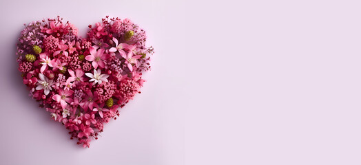 Obraz premium Delicate Pink Flower Heart Arrangement on Soft Pastel Lilac Background. Minimalist Romantic Banner with Copy Space. Gentle Header for Wedding or Feminine Branding.