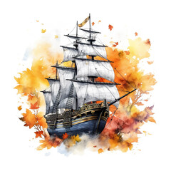 A watercolor painting of a ship in the water. Generative AI.