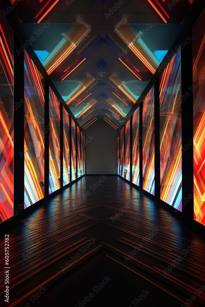 Leinwandbilder A mixed media installation combining geometric elements with light projections,   Generative AI technology.