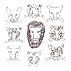 Poster Im Rahmen Big cats faces isolated collection, black and white. Lion, tiger, leopard, jaguar, panther, cougar, cheetah. Hand drawn vector illustration. Line art style design. Animal characters, wildlife elements © Maria Skrigan