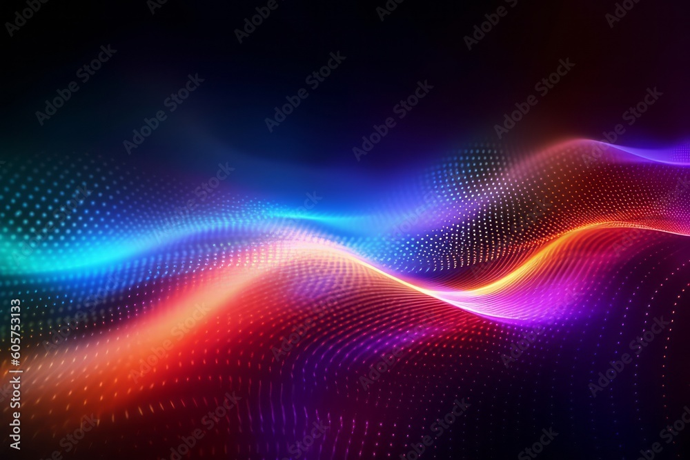 Poster vibrant abstract waves of light with digital dotted patterns, symbolizing motion, technology, and fu