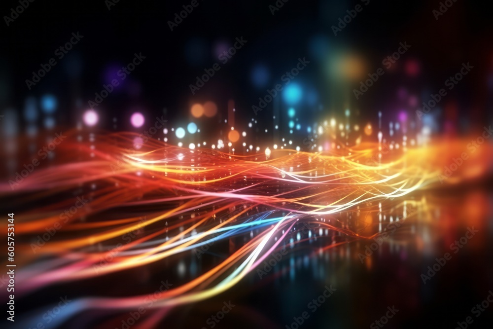 Poster dynamic abstract light trails with glowing particles in vibrant colors, symbolizing motion, energy, 