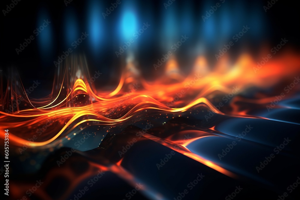 Poster abstract futuristic background with glowing neon moving high speed wave lines and bokeh lights. Data transfer concept Fantastic wallpaper. Generative AI