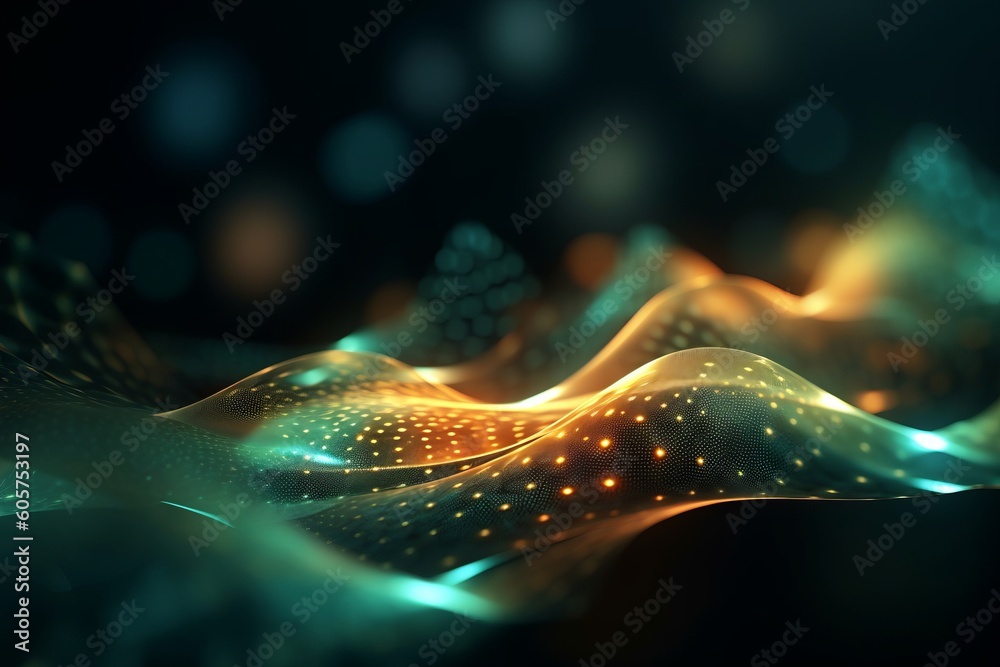 Poster abstract futuristic background with glowing neon moving high speed wave lines and bokeh lights. Data transfer concept Fantastic wallpaper. Generative AI