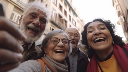 Generative ai, group of senior friends enjoying a visit to a city sightseeing tour
