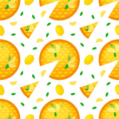 Seamless pattern with homemade lemon pie, piece of pie and lemons. Dessert ready to eat. Concept of National pie day or Thanksgiving day for web, menu, wrapping, textile, background, fabric, wallpaper
