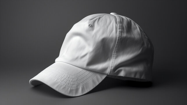 A white baseball cap on a gray background. Generative AI image