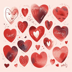 Various red hearts are shown on a white background