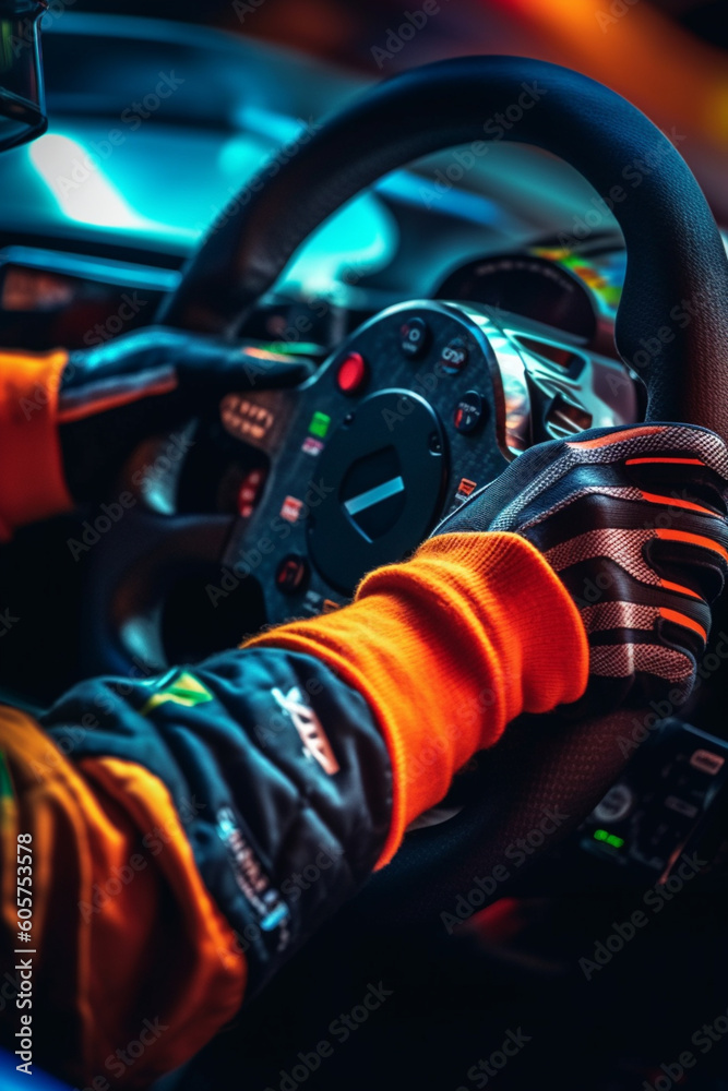 Poster a close-up photograph of a driver's hands gripping the steering wheel of a racing car, with the focu