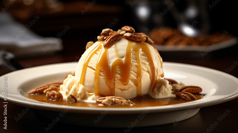 Wall mural vanilla ice cream caramel sauces crowned with pecans. generative ai image