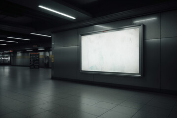 Fototapeta na wymiar Empty white chalkboard in train station. Generative AI image