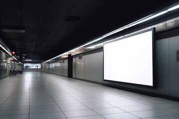 Empty white chalkboard in train station. Generative AI image