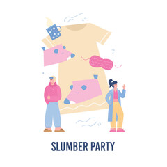 Slumber pajama party invitation design with cartoon man and woman, flat vector.