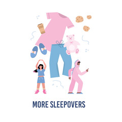 Sleepover concept, cute teen characters in kigurumi - flat vector illustration isolated on white background.