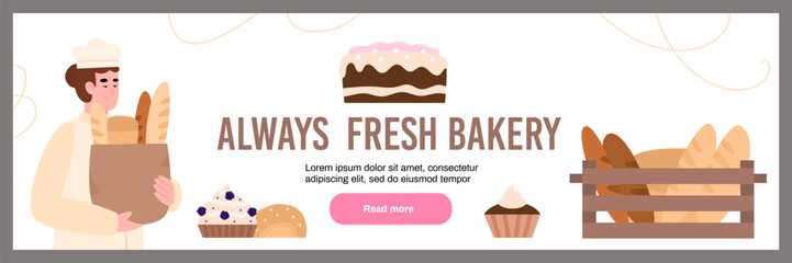 Bakery advertising web banner template, flat vector illustration.
