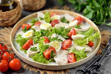 Healthy salad with boiled chicken breast, cherry tomatoes, quail eggs, parmesan and lettuce