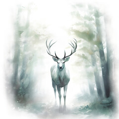 A painting of a deer standing in a forest. Generative AI. Mystical white stag, a forest spirit.