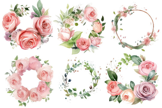 set Circle frame, wreath of pink flowers and branches with green leaves, AI Generative AI