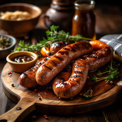 grilled sausage dish on a wooden board ,generative ai
