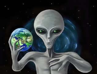 Alien holding planet earth
