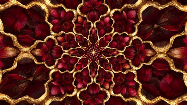 gold line decorated red flower pattern background loop