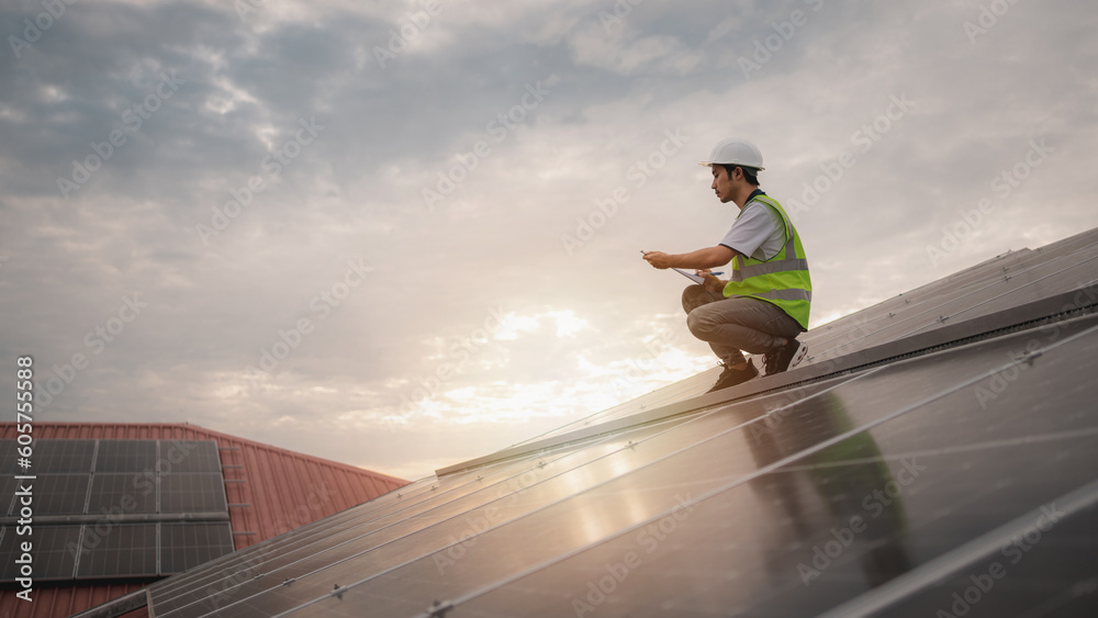 Wall mural service engineer checking solar cell on the roof for maintenance if there is a damaged part. enginee
