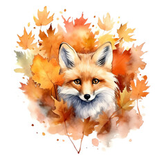 A watercolor painting of a fox surrounded by autumn leaves. Generative AI.