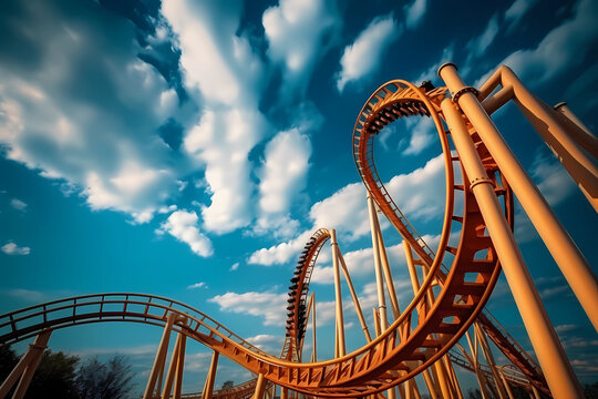 modern steel roller coaster on a sunny day with fluffy clouds illustration