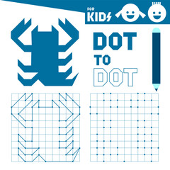 Dot to dot games for kids. Scorpio zodiac. Connect the dots and drawing Scorpio. Coloring page. Book. Puzzle activity worksheet. Sketch vector illustration