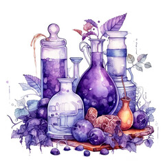 A painting of a variety of glass bottles. Generative AI. Magic potion in glass bottle.