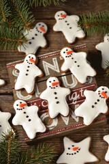 Homemade gingerbread cookies in the form of Snowmen