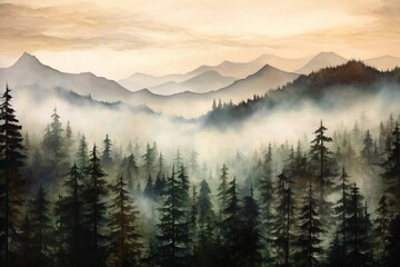 Obraz premium A foggy forest with mountains in the background