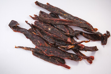 Dried red meat snacks. Cured beef meat ready for eat.
