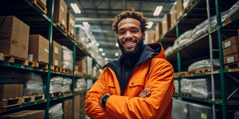 Portrait of warehouse worker wearing a hi-vis jacket stood in a distribution center. Generative ai