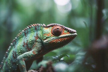 Fototapeta premium Close-up portrait of a chameleon against of wildlife background. Generative AI