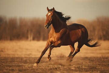 Beautiful bay horse gallops across the field at sunset. Generative AI
