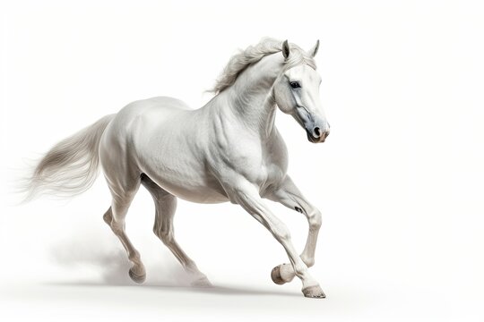 White horse of Andalusian breed galloping isolated on white background. Generative AI
