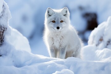 Obraz na płótnie Canvas Arctic Fox in Winter Wonderland: Enchanting Image of a Fox Thriving in a Snowy Island Habitat