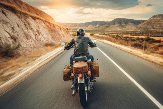 Motorcycle Journey: Striking Backview of a Rider Exploring the Open Road