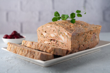 Chicken terrine. Chicken meat pate with fresh parsley