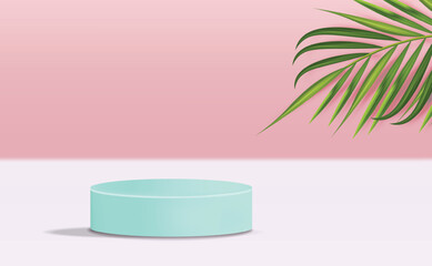 Realistic 3d scene for cosmetics, summer stand vector, geometric form banner, tropical scene for product, podium mockup