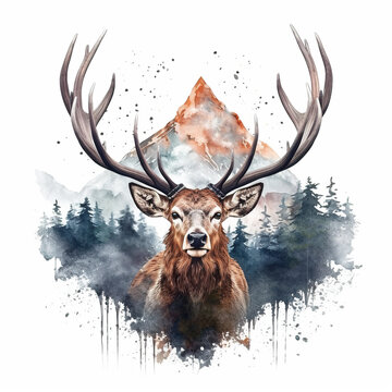 A watercolor painting of a deer with a mountain in the background. Generative AI.