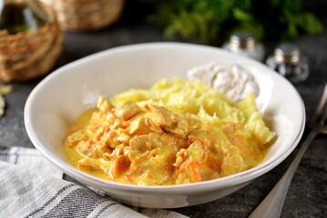 Turkey fillet stewed in cream with mashed potatoes.